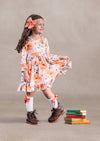 Toddler Girl Fall Floral Twirl Dress in Brown Orange