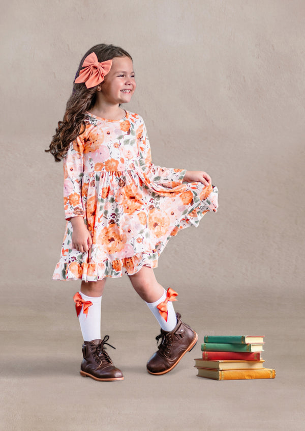 Toddler Girl Fall Floral Twirl Dress in Brown Orange