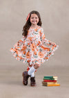 Toddler Girl Fall Floral Twirl Dress in Brown Orange