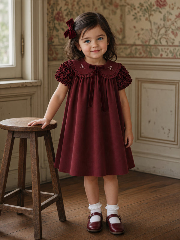 Ella Burgundy Cotton Dress, Embroidered Collar | Girls Holiday Dresses
