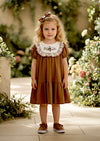 Girls Brown Ruffle Dress with Embroidered Bodice