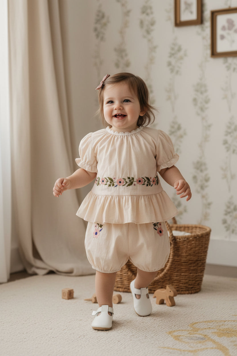 Jacki Embroidered Bloomer Set in Beige