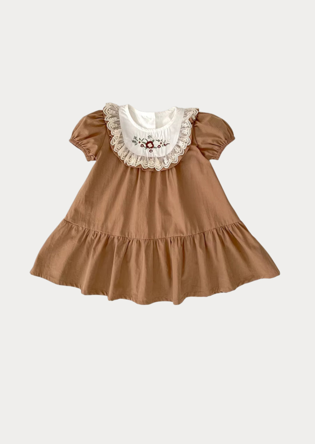 Girls Brown Ruffle Dress with Embroidered Bodice