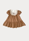 Girls Brown Ruffle Dress with Embroidered Bodice