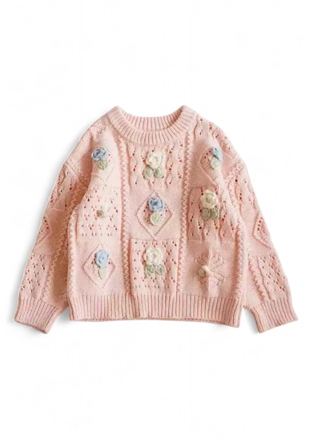 Handknit Flowers Pullover Sweater || Pink