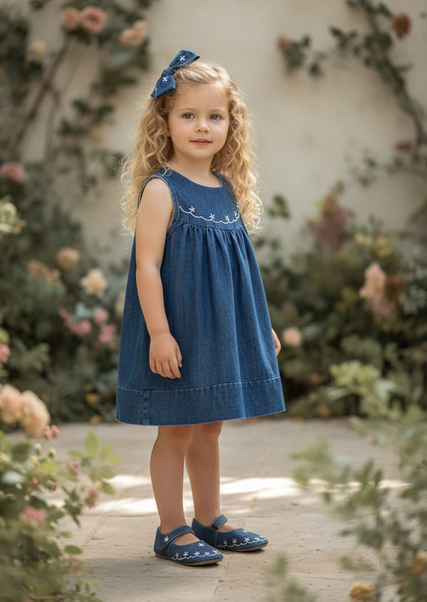 Toddler and Girls sleeveless Embroidered bodice Denim Dress