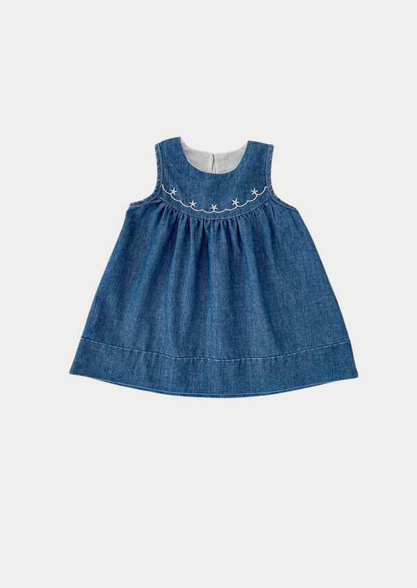 Toddler and Girls sleeveless Embroidered bodice Denim Dress