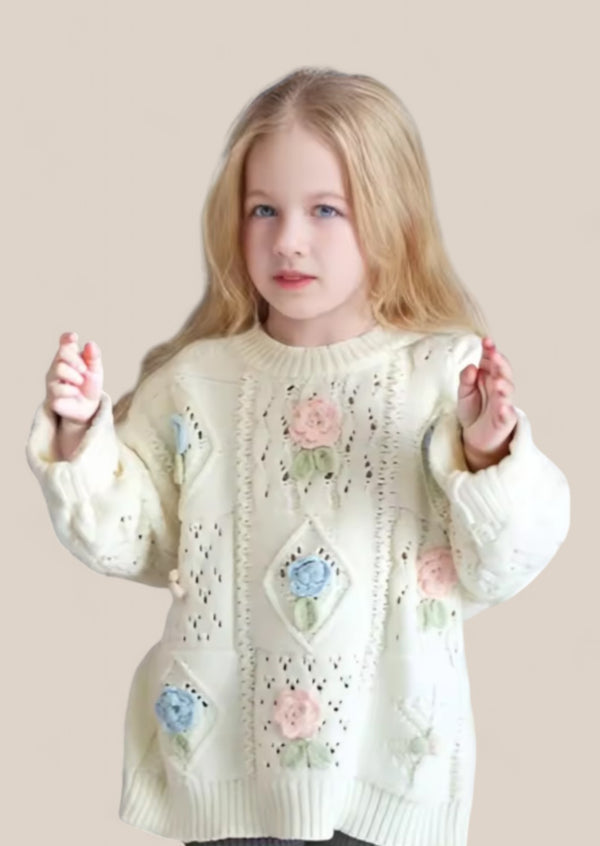 Girls hand knit floral tunic sweater