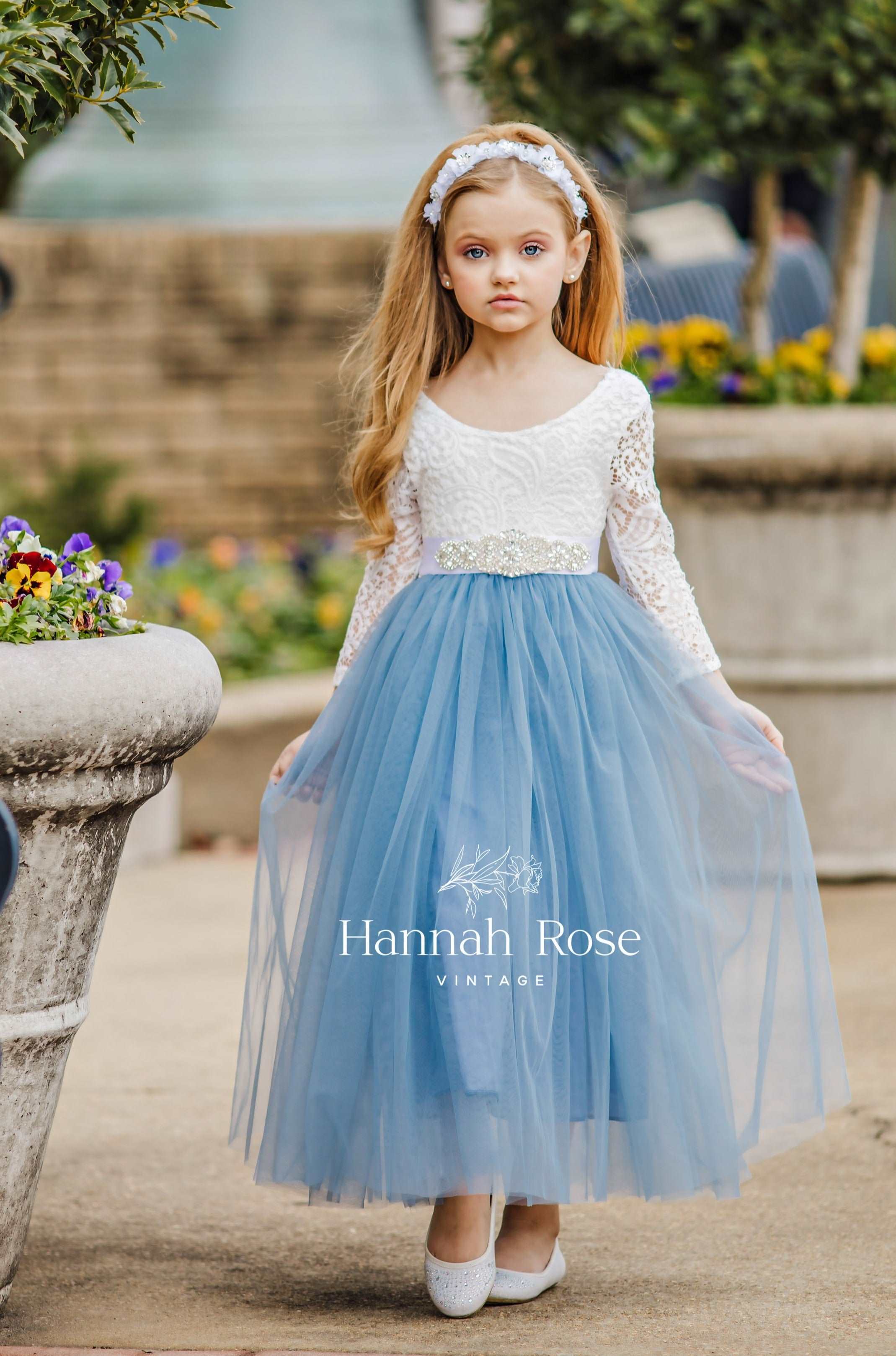 Dusty Blue Flower Girl Dress With Long Sleeves 4718