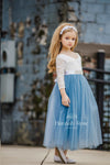 dusty blue rustic tulle and lace flower girl dress