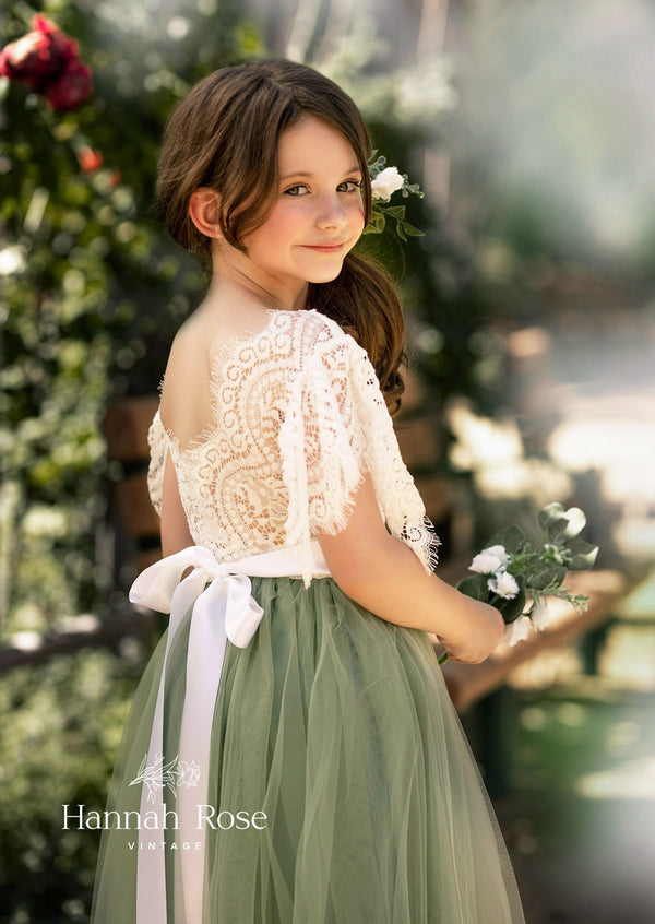 Sage Green Flutter Sleeve Flower Girl Dress | Hannahrosevintageboutique.com