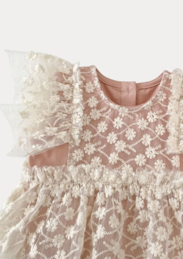 Eulalie Floral Lace Romper in Pink