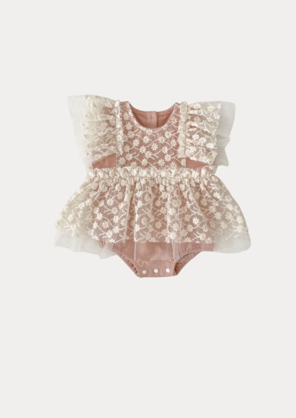 Eulalie Floral Lace Romper in Pink