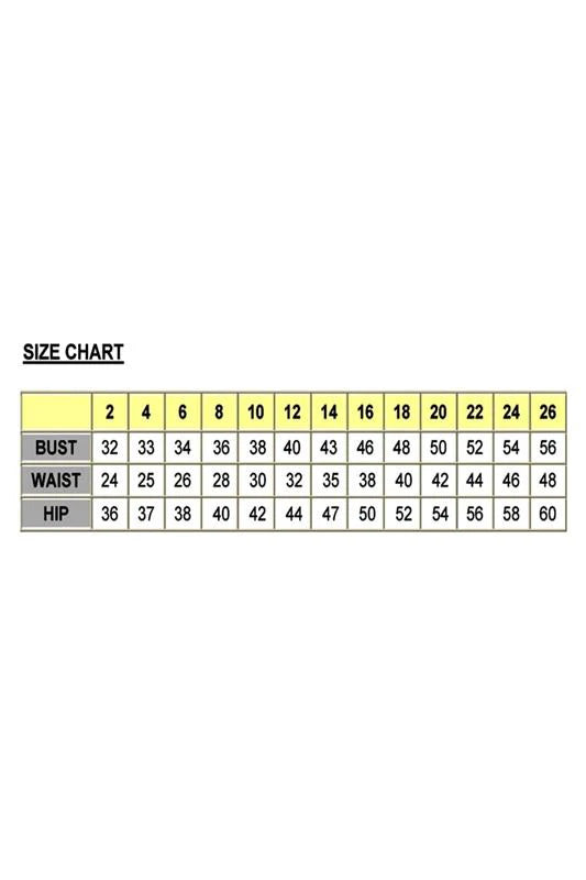 Size chart for clothing measurements on a white background