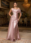 Rose Gold Satin Off‑Shoulder A‑Line Gown – Elegant Formal Dress