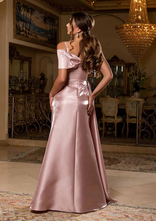Rose Gold Satin Off‑Shoulder A‑Line Gown – Elegant Formal Dress
