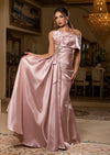 Rose Gold Satin Off‑Shoulder A‑Line Gown – Elegant Formal Dress