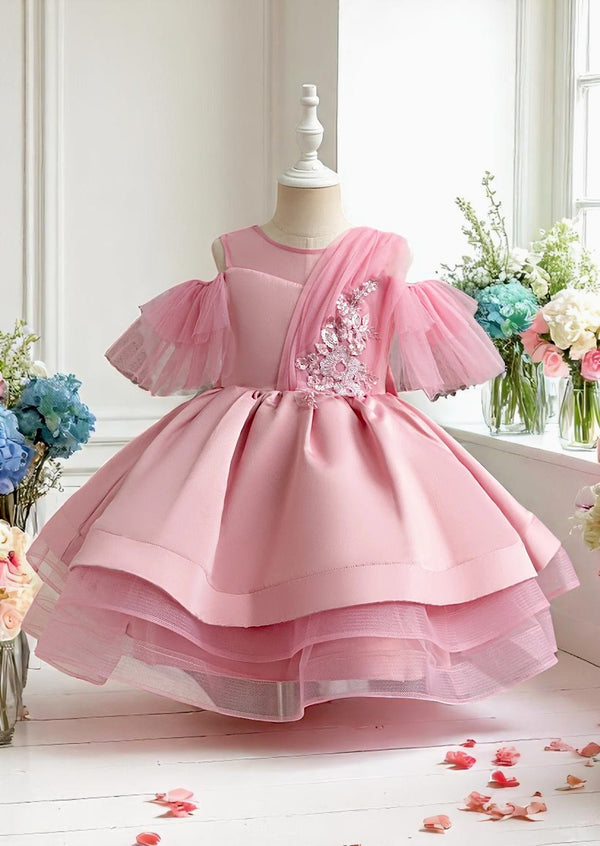 Pink Fancy Drop Shoulder Birthday Special Occasion Dress