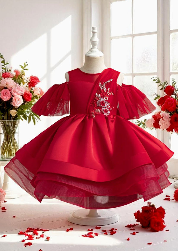 Girls Red Fancy Drop Shoulder Birthday Special Occasion Dress