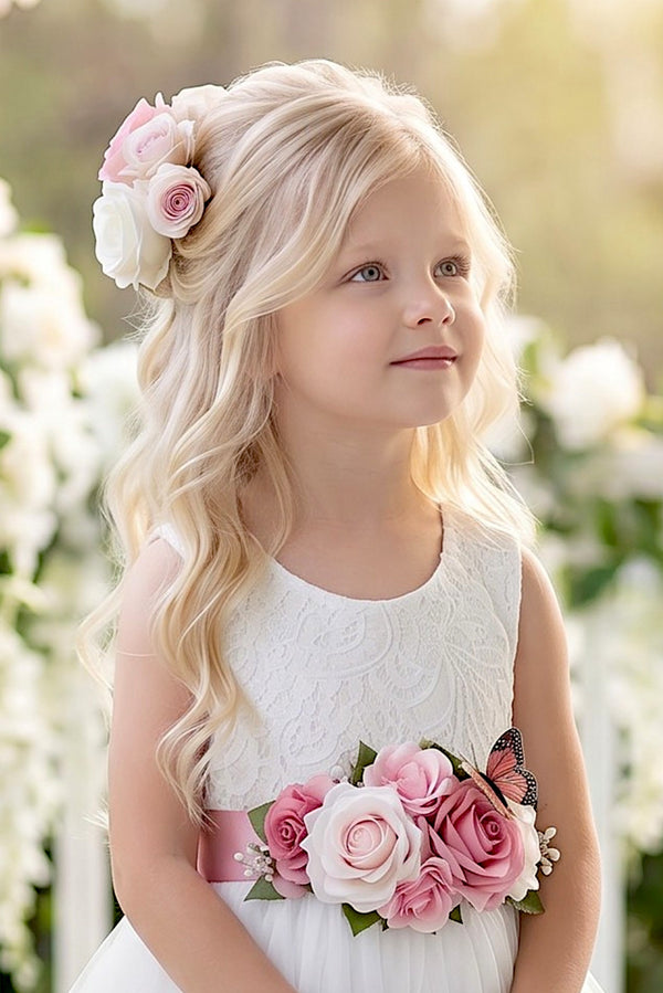 Flower Girl Sash and Flower Clip Set Rose Pink Blush