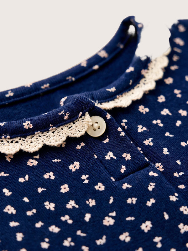 Fae Mini Print Ribbed Long-Sleeve Button Top in Blue