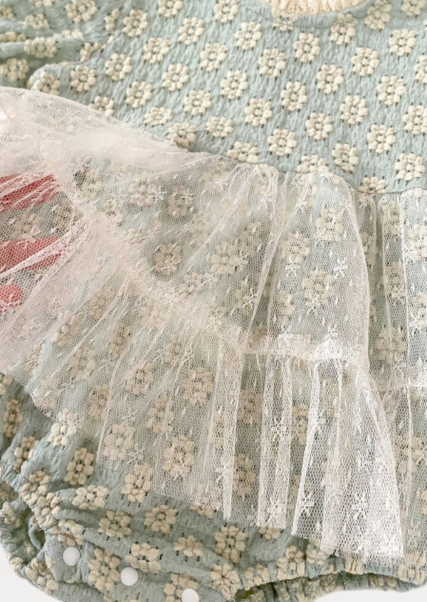 Liliane Petal Lace Romper in Blue