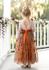 Long Sleeve Burnt Orange Floral Fall Flower Girl Dress Back View
