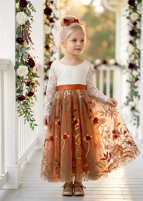 Tessa Long Sleeve Burnt Orange Fall Floral Flower Girl Dress