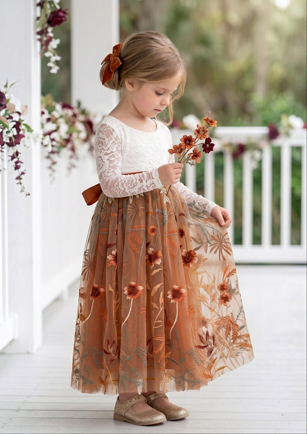 Long Sleeve Burnt Orange Floral Fall Flower Girl Dress