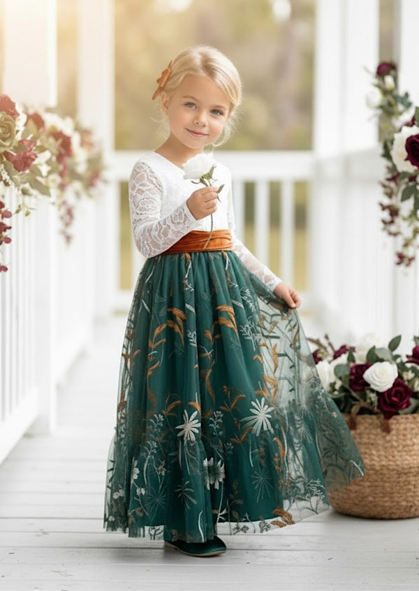 Hunter Green Floral Fall Flower Girl Dress - Flower Girl Dresses