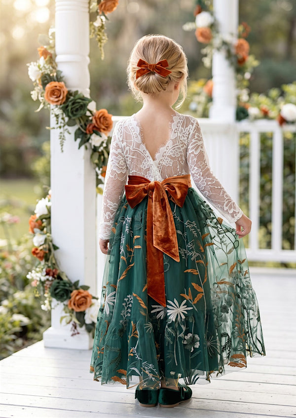 Hunter Green Floral Fall Flower Girl Dress Back View - Flower Girl Dresses