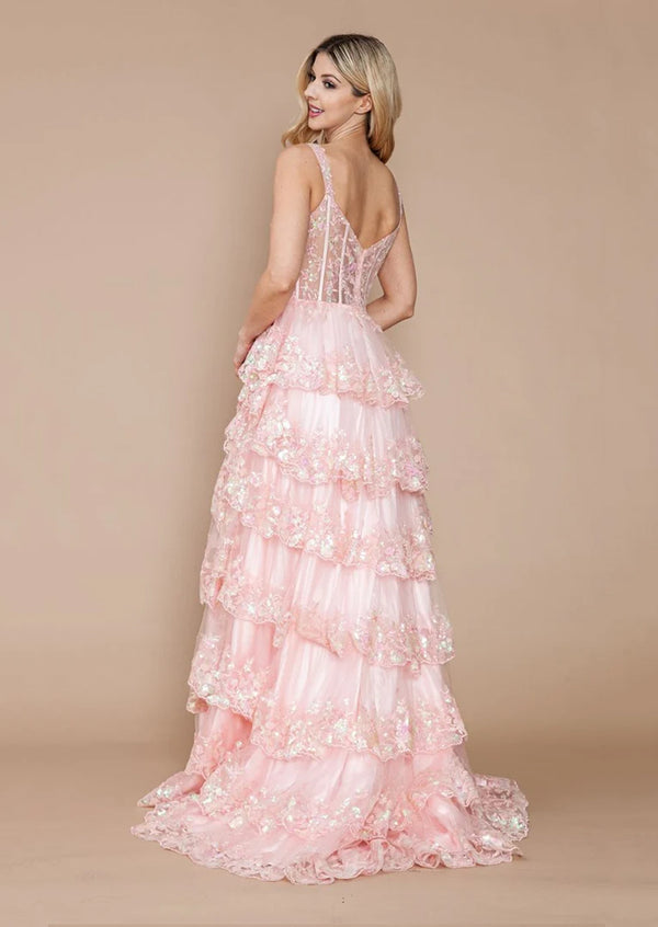 Pink Floral Lace Embellished Ruffled Evening Gown