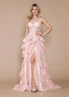 Pink Floral Lace Embellished Ruffled Evening Gown