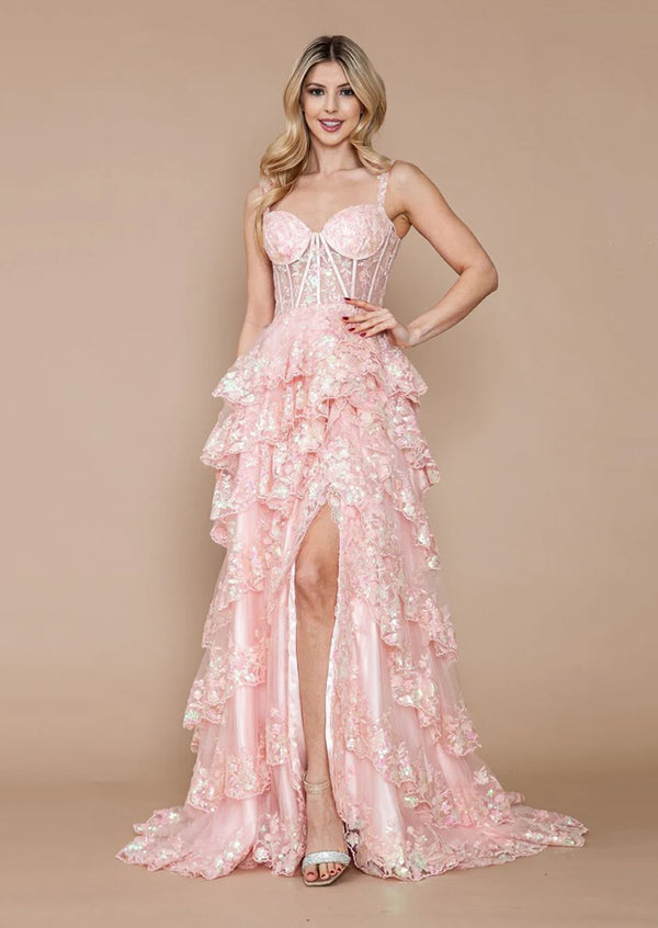 Pink Floral Lace Embellished Ruffled Evening Gown