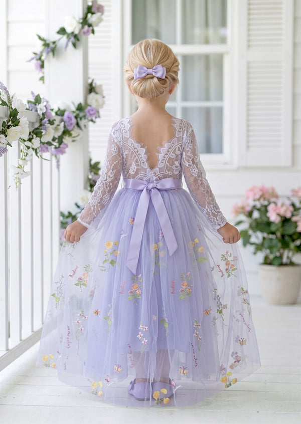 Long Sleeve Lavender Floral Flower Girl Dress - Flower Girl Dresses