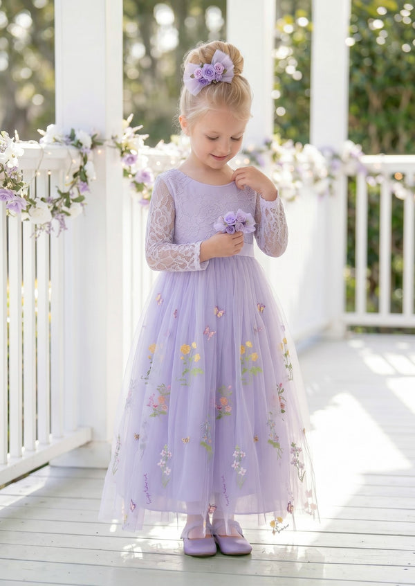 Long Sleeve Lavender Floral Flower Girl Dress - Flower Girl Dresses