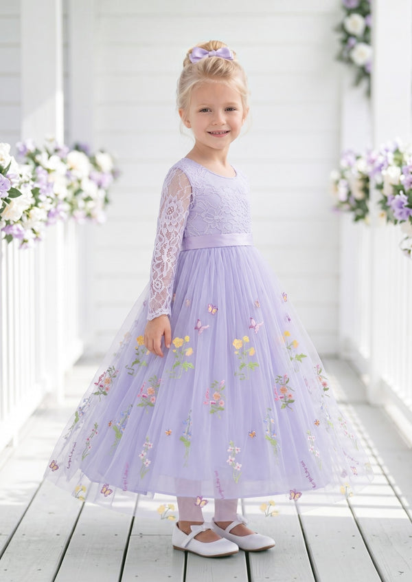 Long Sleeve Lavender Floral Flower Girl Dress - Flower Girl Dresses