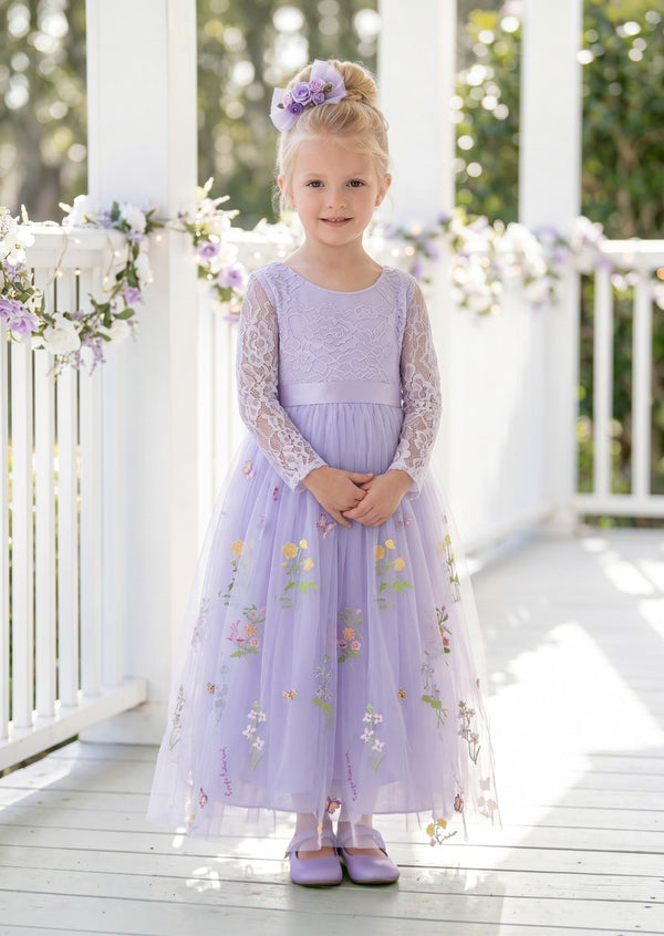 Long Sleeve Lavender Floral Flower Girl Dress - Flower Girl Dresses