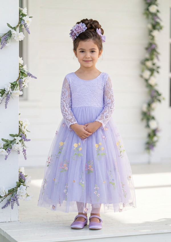 Long Sleeve Lavender Floral Flower Girl Dress - Flower Girl Dresses