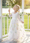 White floral tulle and lace flower girl dress with sleeves
