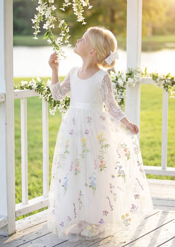 White floral tulle and lace flower girl dress with sleeves
