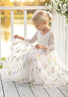 White floral tulle and lace flower girl dress with sleeves