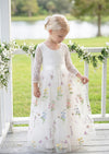 White floral tulle and lace flower girl dress with sleeves