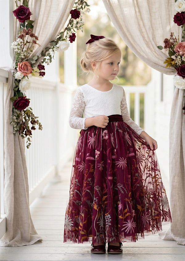Tessa Long Sleeve Burgundy Fall Floral Flower Girl Dress