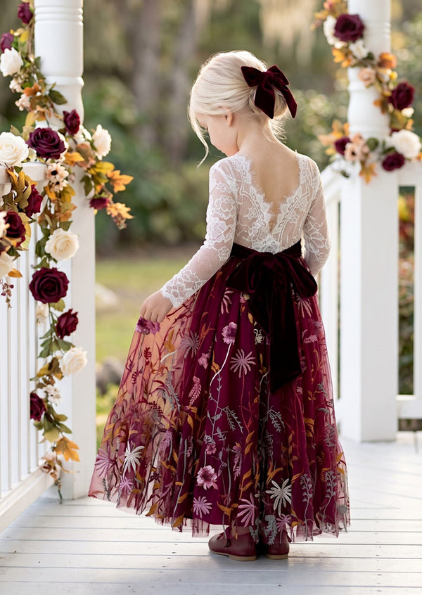 Long Sleeve Burgundy Floral Fall Flower Girl Dress