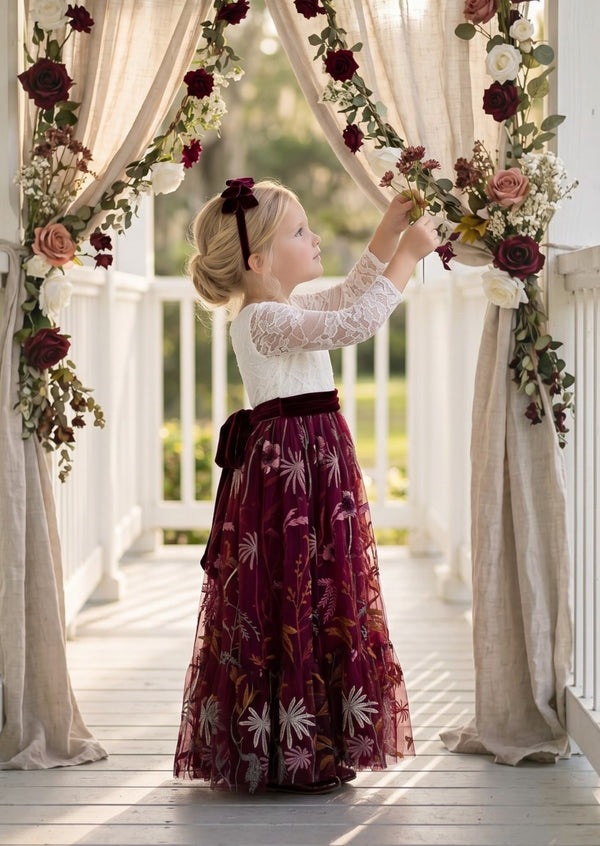Long Sleeve Burgundy Floral Fall Flower Girl Dress