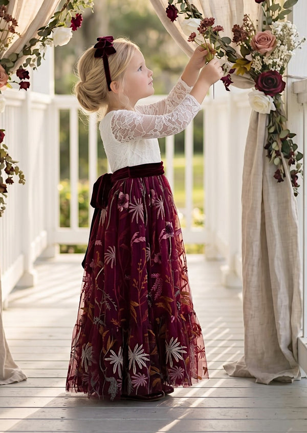 Long Sleeve Burgundy Floral Fall Flower Girl Dress