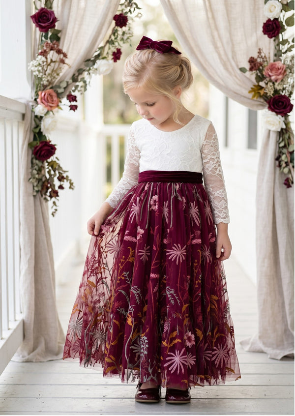 Tessa Long Sleeve Burgundy Fall Floral Flower Girl Dress