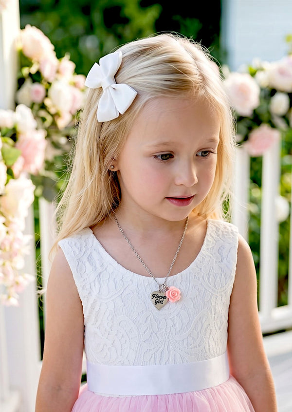 Flower Girl Gift Necklace | Heart Charm & Pink Rose Keepsake