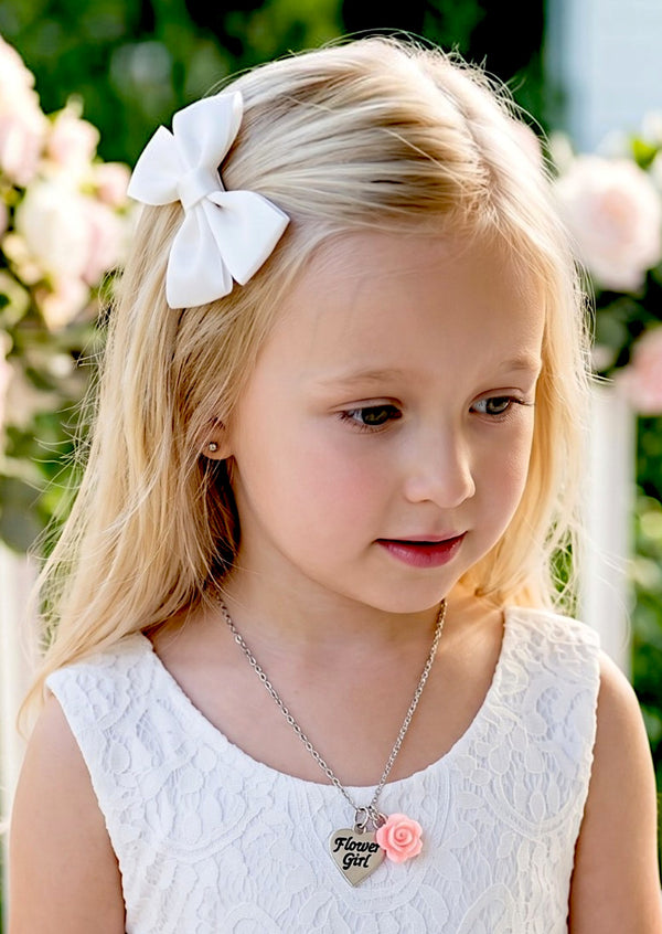 Flower Girl Gift Necklace | Heart Charm & Pink Rose Keepsake
